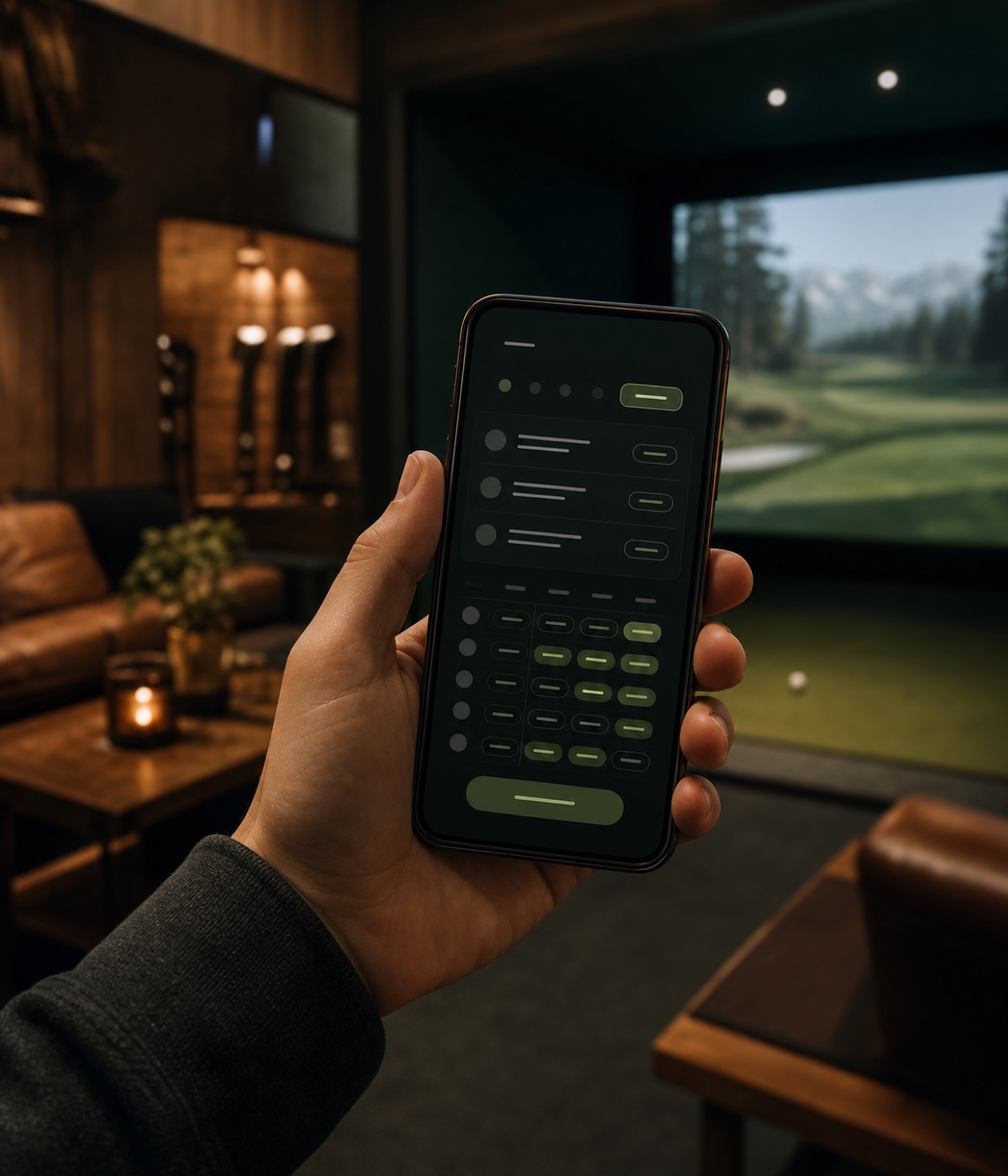 A dark bay-booking app on a phone inside the lounge