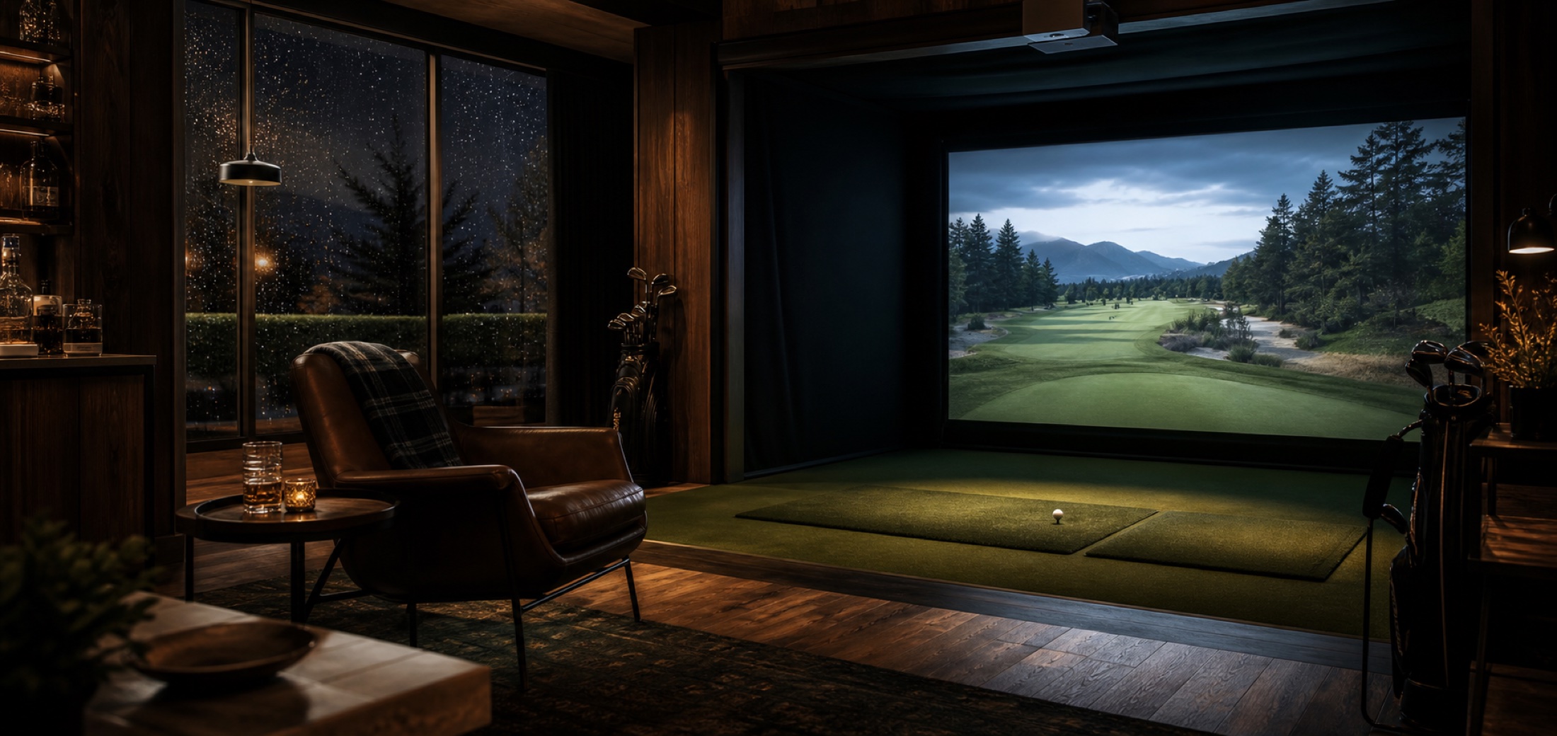 A warm indoor golf simulator lounge at night, with rain on the windows