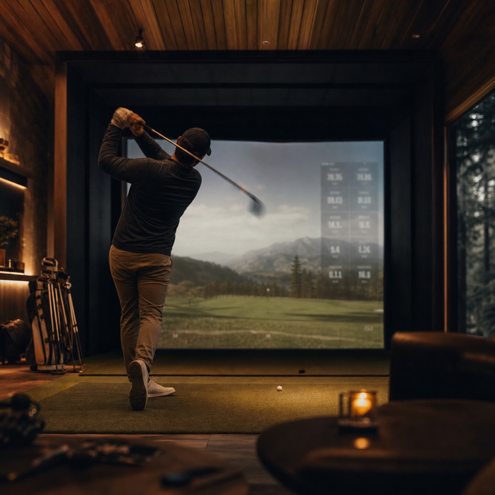 A golfer finishing a swing in an indoor simulator bay
